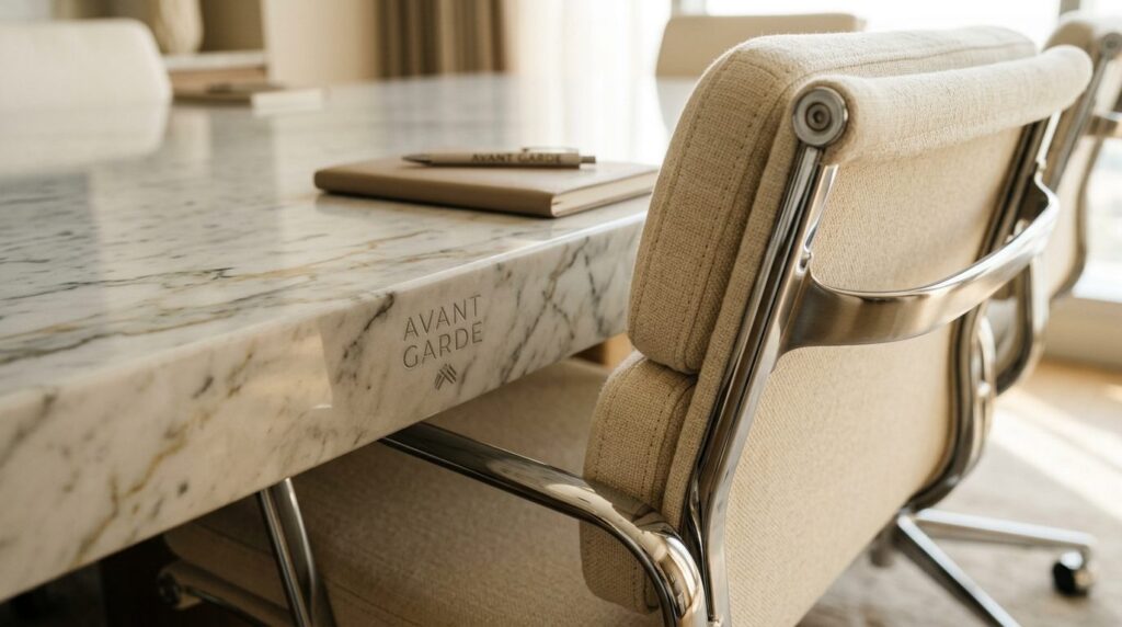Close-up detail shot of premium conference room materials an