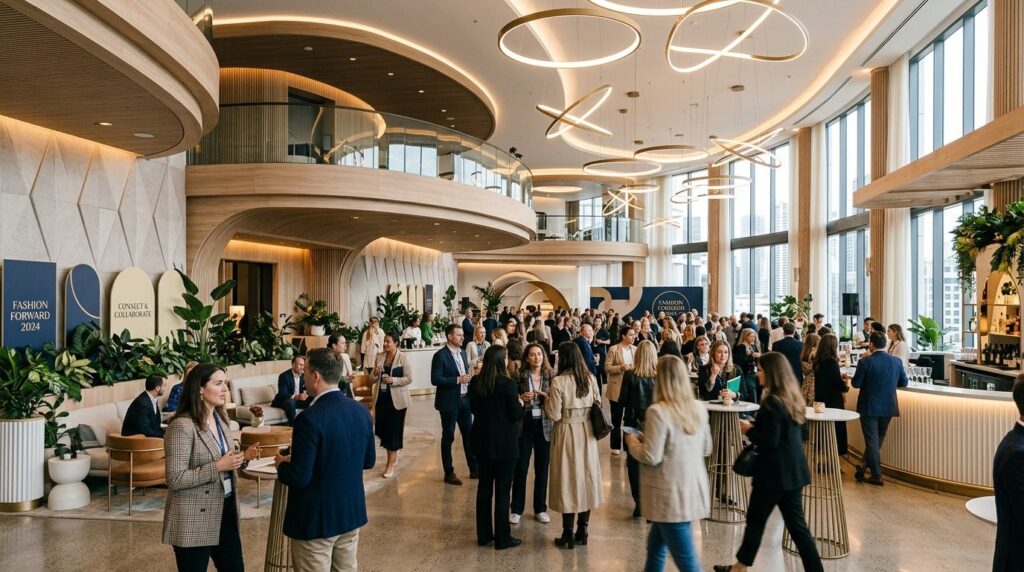 Wide-angle view of an elegant fashion industry conference ve