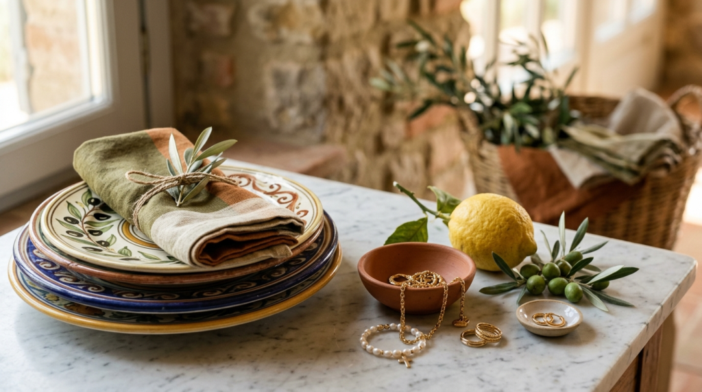 Close-up detail shot of luxury Tuscan villa accessories: vin