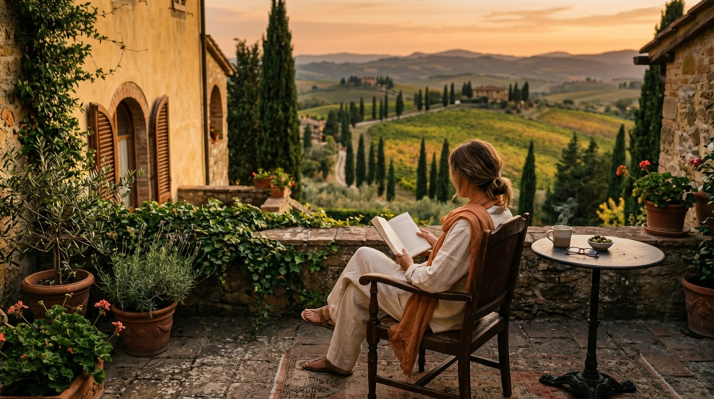 Serene Tuscan landscape at golden hour: a woman in elegant l