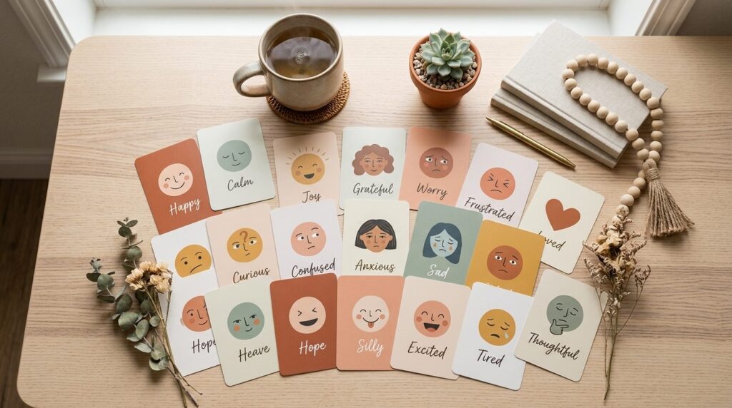 Close-up flat lay photography of modern emotion cards and fe