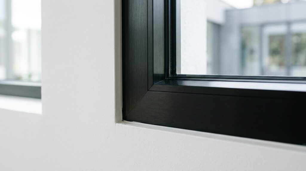Close-up detail shot of premium fixed window frame corner jo