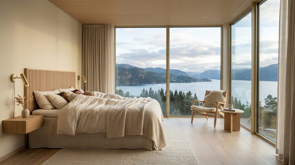 Scandinavian-inspired modern bedroom with large fixed pictur