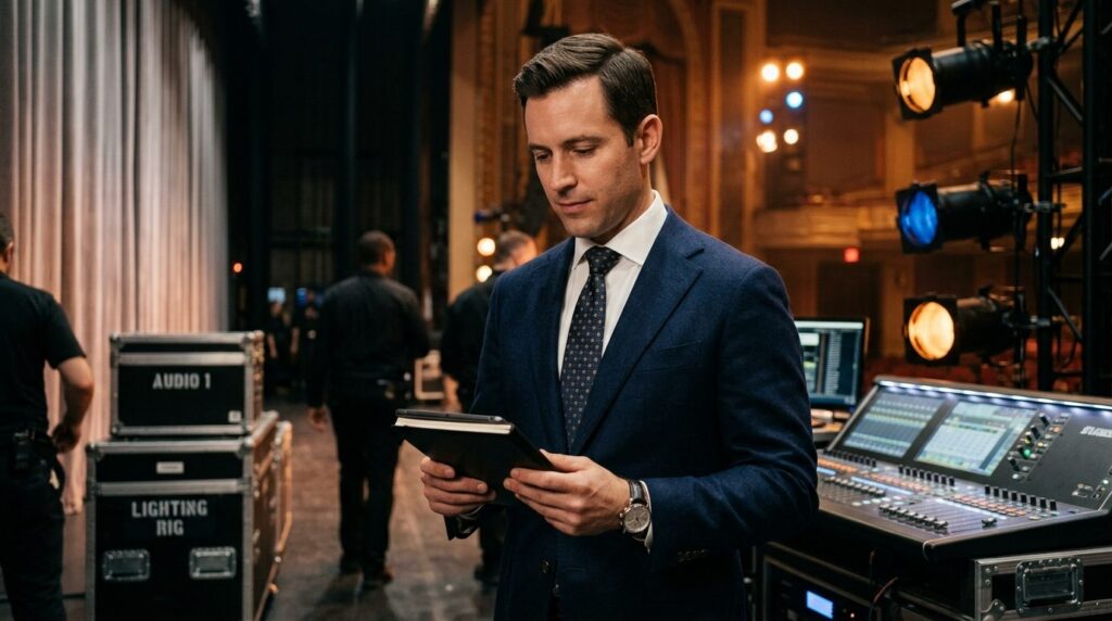 An impeccably dressed male event coordinator in a navy blaze
