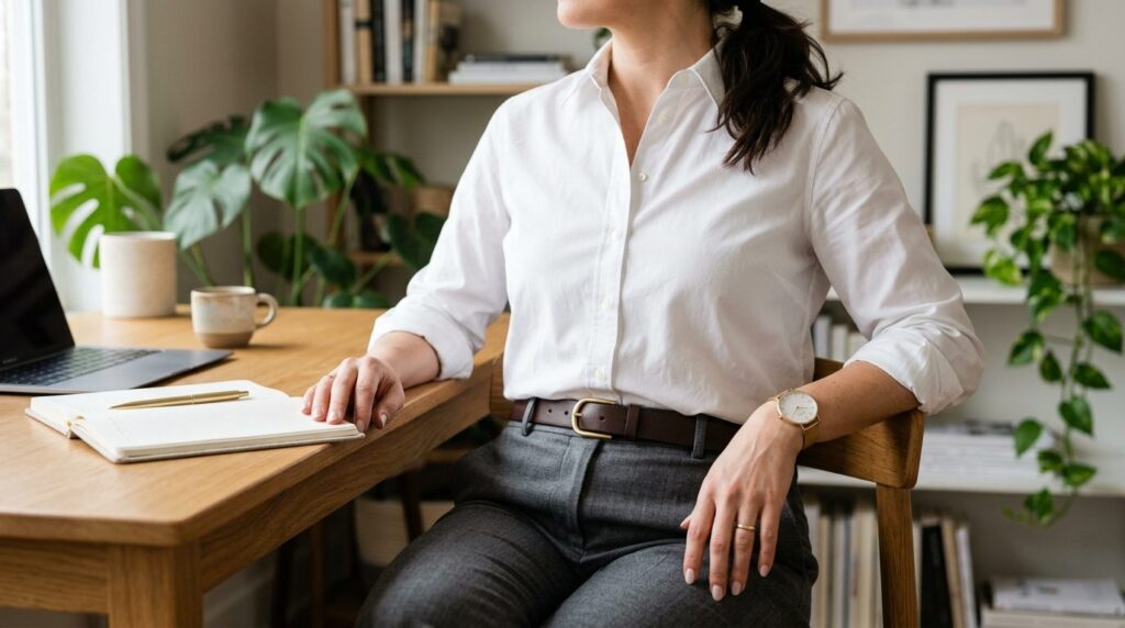 Close-up detail shot of a small business owners outfit feat
