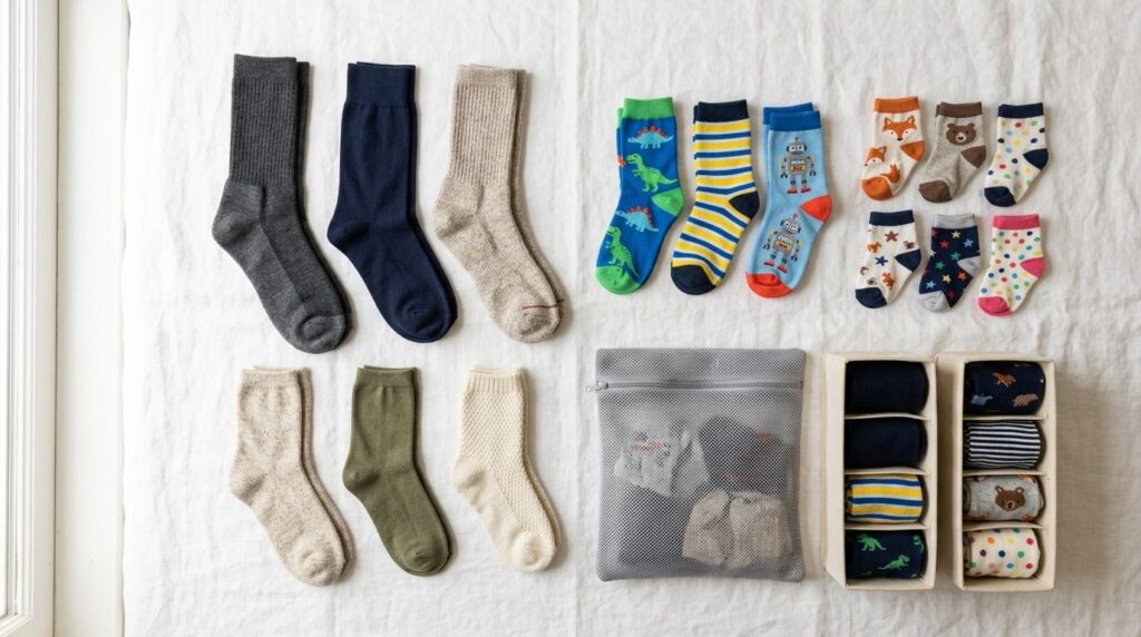 Flat lay product photography of a diverse family sock collec