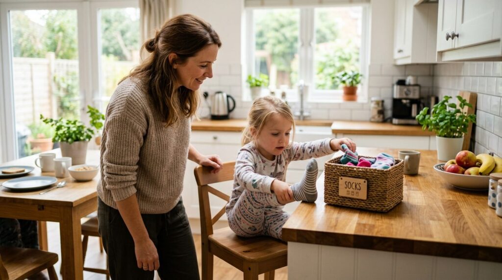 Candid morning family scene in bright modern kitchen: young 