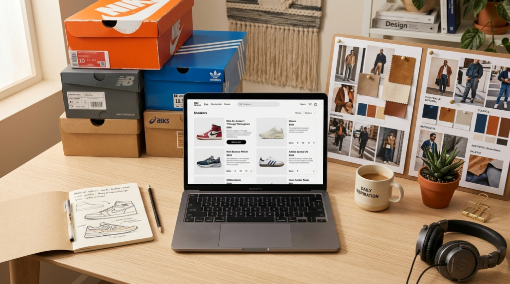 Overhead shot of a modern laptop displaying an online sneake