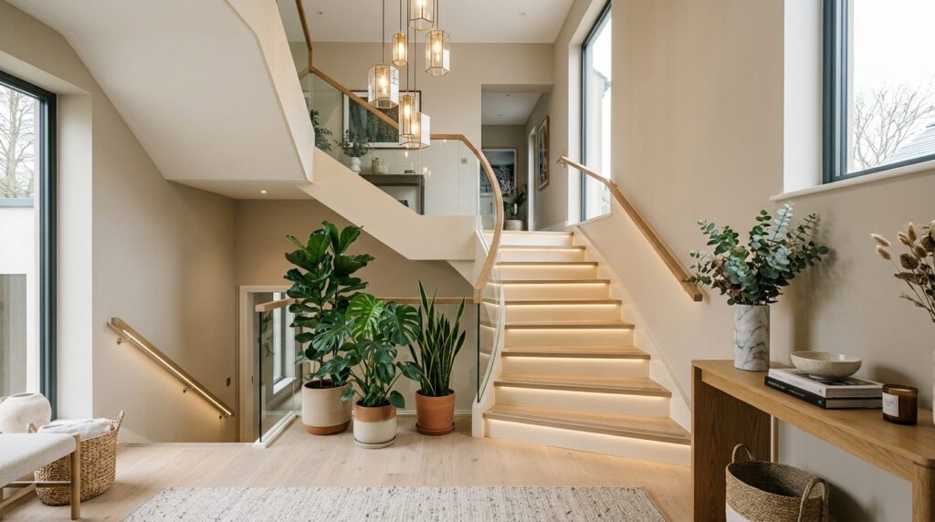 Wide angle view of contemporary home entryway featuring eleg