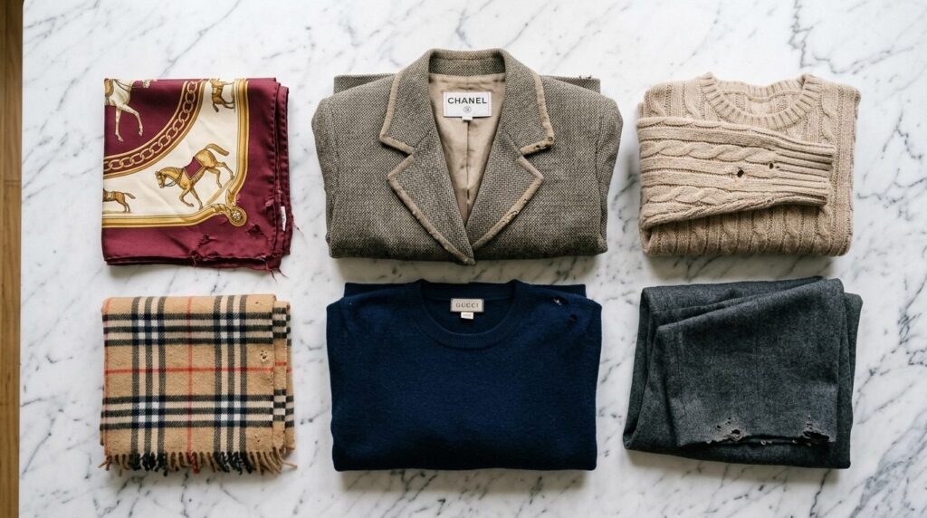 Flat lay composition of folded vintage designer clothing, lu