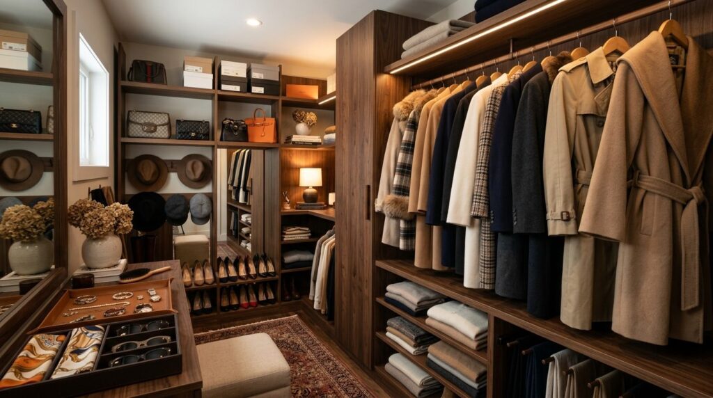 Interior photograph of an organized walk-in closet with vint